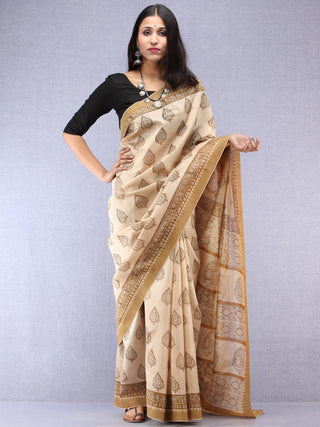 Ivory Mustard Hand Block Printed Chanderi Saree With Geecha Border - S031704522