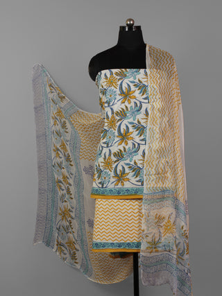 Ivory Teal Green Brown Hand Block Printed Cotton Suit-Salwar Fabric With Chiffon Dupatta (Set of 3) - S16281292