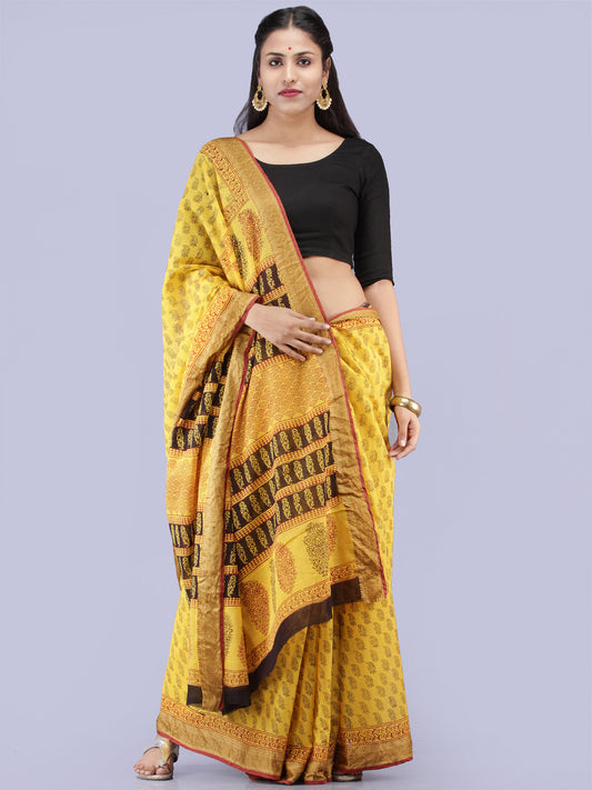 Yellow Black Maroon Bagh Printed Maheshwari Cotton Saree - S031704244