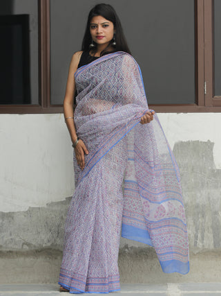White Sky Blue Pink Hand Block Printed Kota Doria Saree  - S031704109