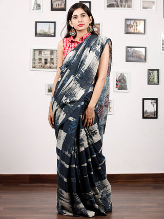 Deep Indigo Ivory Hand Block Printed & Hand Brush Painted Cotton Mul Saree - S031703174