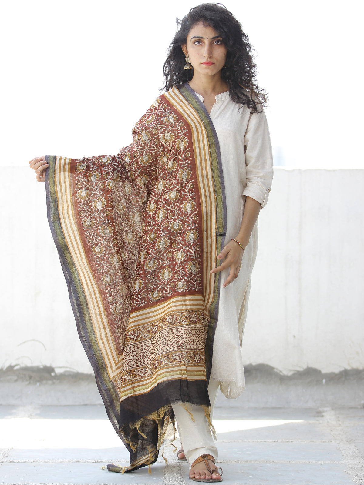 Maroon Ivory Black Chanderi Hand Block Printed Dupatta - D04170550