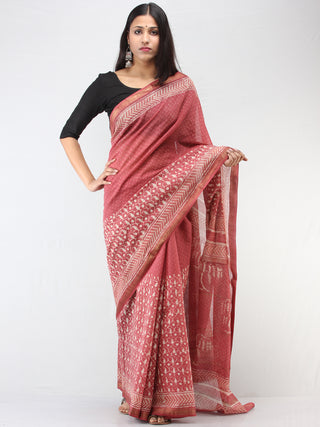 Rosewood Pink Ivory Maheshwari Silk Hand Block Printed Saree With Zari Border - S031704470