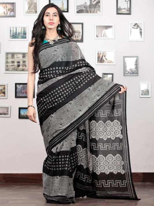 Black White Grey Hand Block Printed Cotton Mul Saree   - S031703029