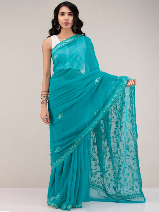 Green Aari Embroidered Georgette Saree From Kashmir - S031704638