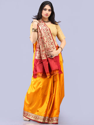 Banarasee Katan Silk Handloom Saree With Zari Work - Golden Yellow Maroon & Gold  - S031704303
