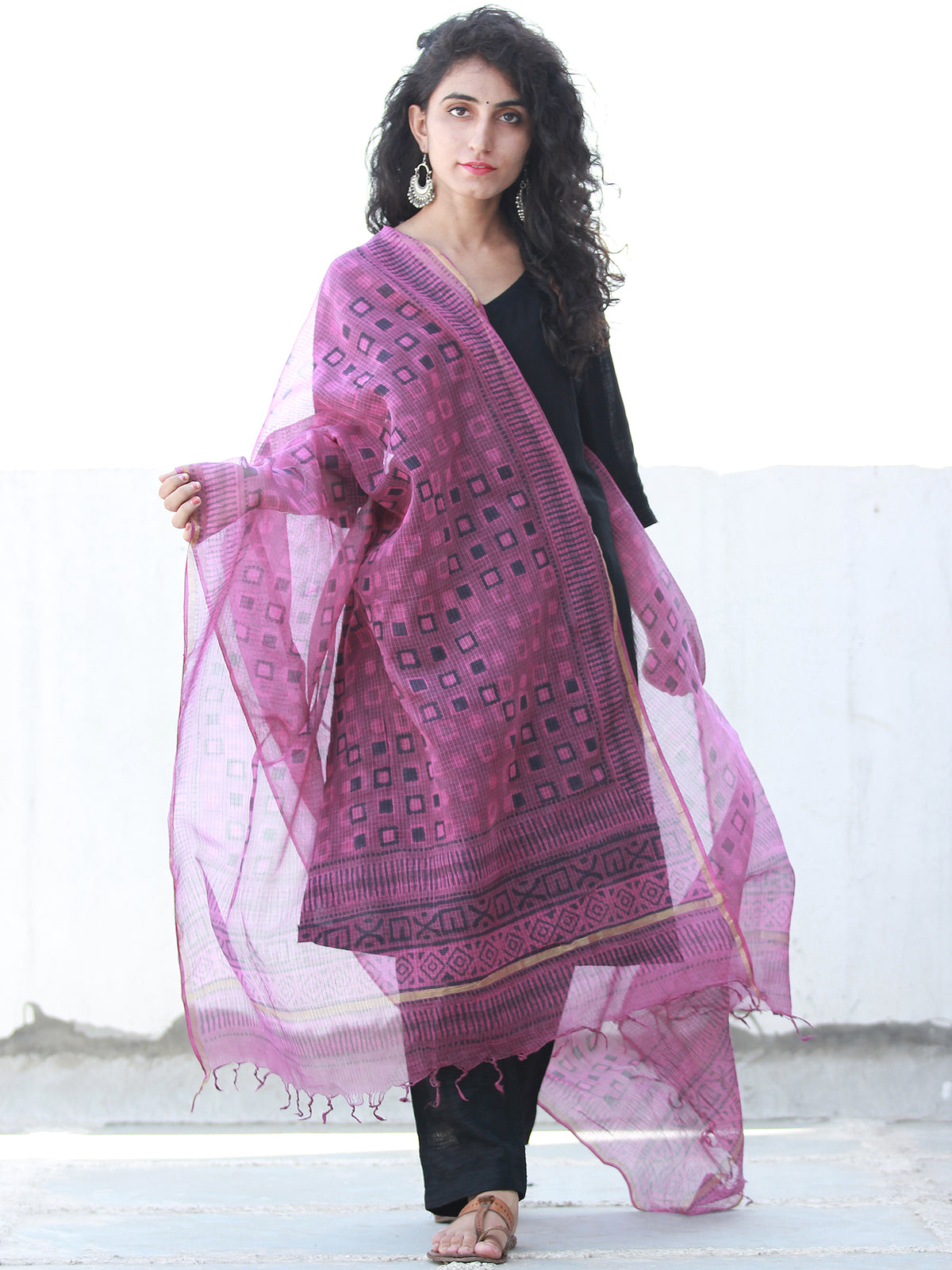 Onion Pink Black Kota Silk Hand Block Printed Dupatta - D04170461