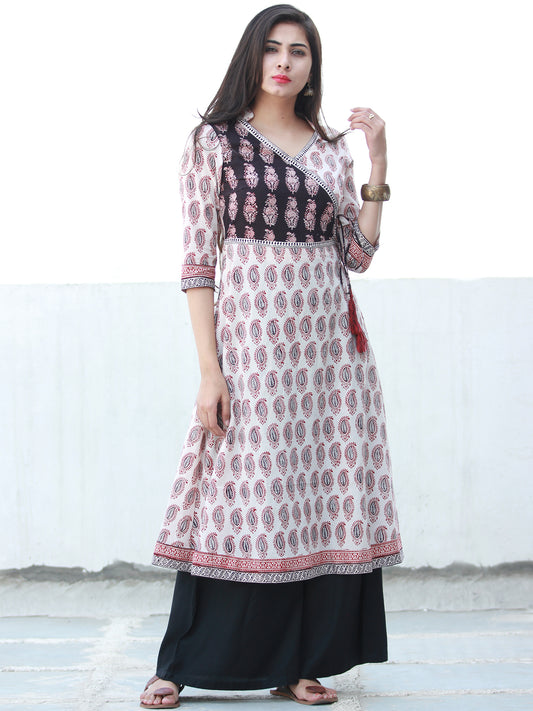 White Red Black Angrakha Style Bagh Printed Kurta in Natural Colors - K197F2068