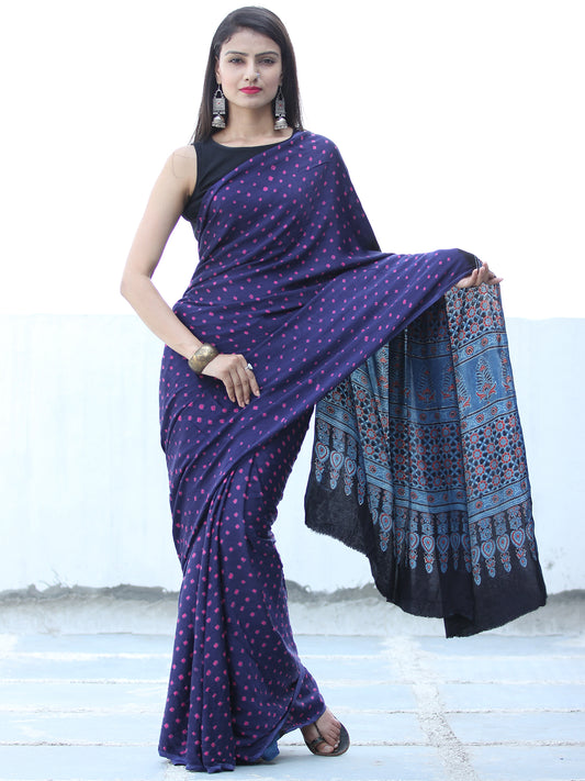 Purple Pink Indigo Black Bandhej Modal Silk Saree With Ajrakh Printed Pallu & Blouse - S031703886