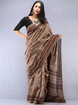 Brown Maroon Hand Block Printed Chanderi Saree With Geecha Border - S031704494