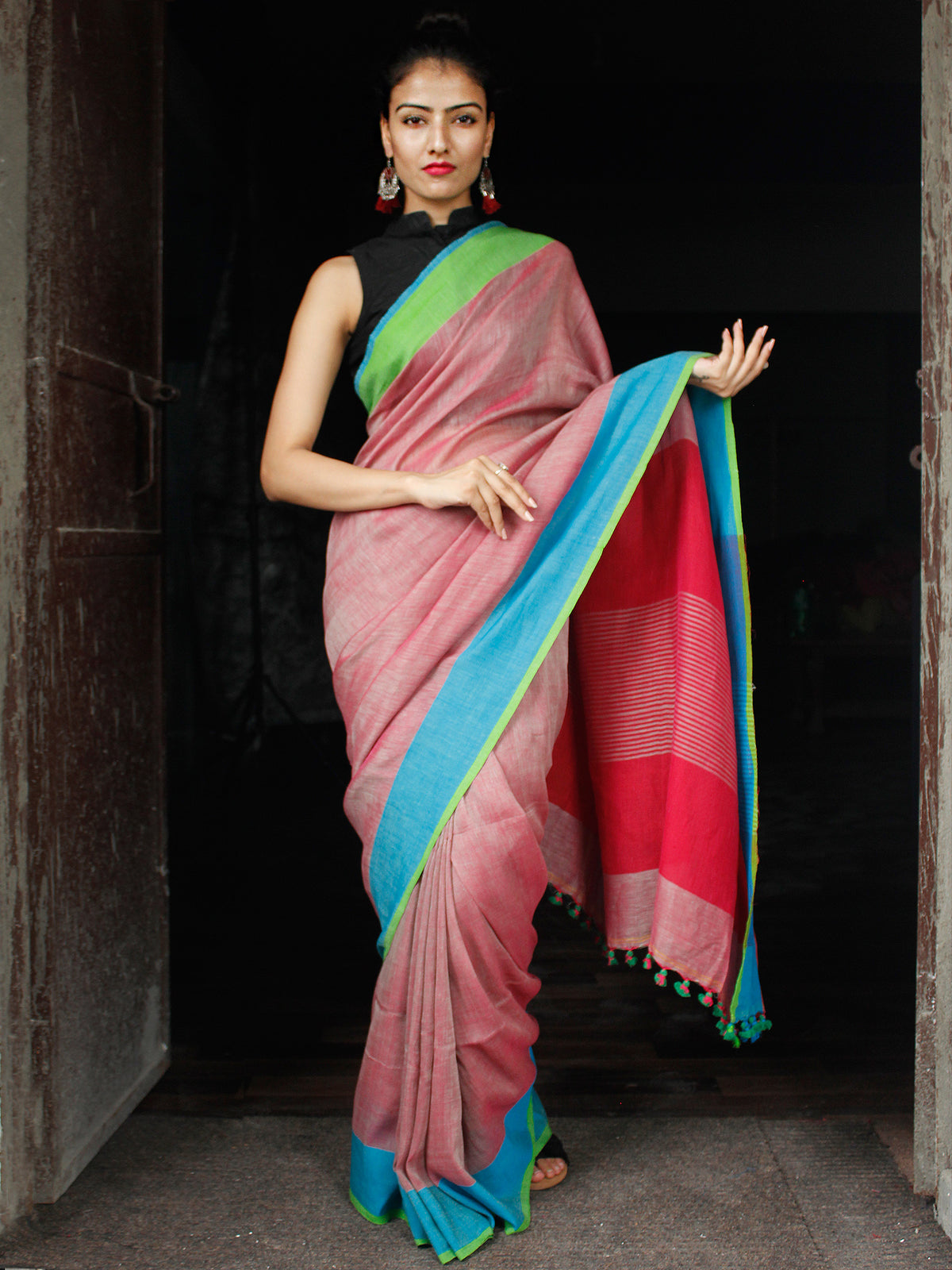 Pink Blue Green Linen Handloom Saree With Ganga Jamuna Border & Tassels - S031704013