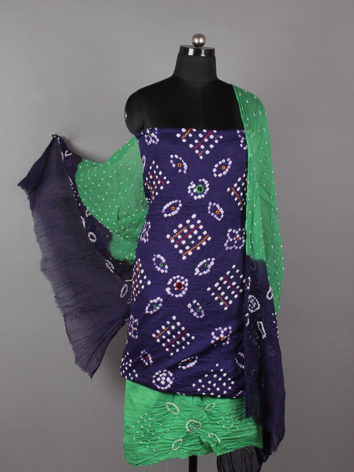 Blue Pastel Green White Hand Tie & Dye Bandhej Suit Salwar Dupatta (Set of 3) With Hand Embroidery & Mirror Work - S16281254