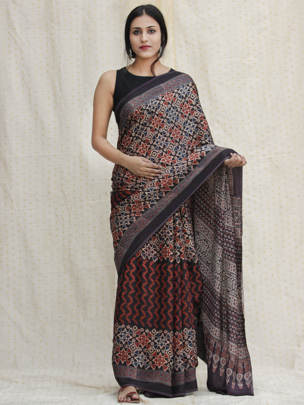 Charcoal Black Maroon Ivory  Ajrakh Hand Block Printed Modal Silk Saree - S031704128