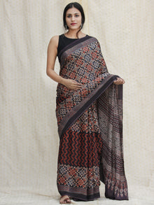 Charcoal Black Maroon Ivory  Ajrakh Hand Block Printed Modal Silk Saree - S031704128