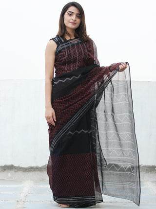 Black & Red Hand Block Printed Kota Doria Saree  - S031704082