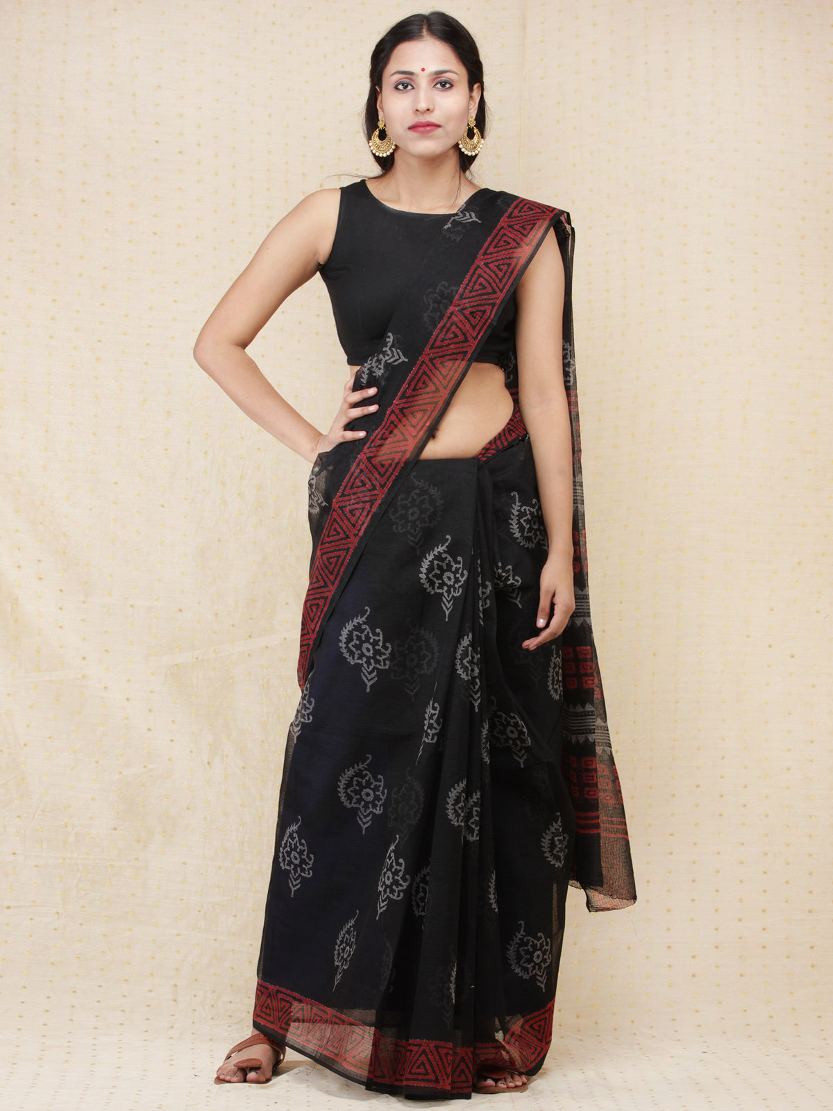 Black & Red Hand Block Printed Kota Doria Saree  - s031704165