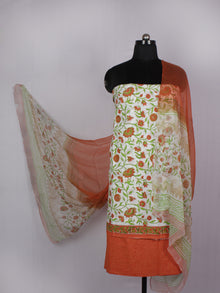 Ivory Orange Green Hand Block Printed Cotton Suit-Salwar Fabric With Chiffon Dupatta - S16281228