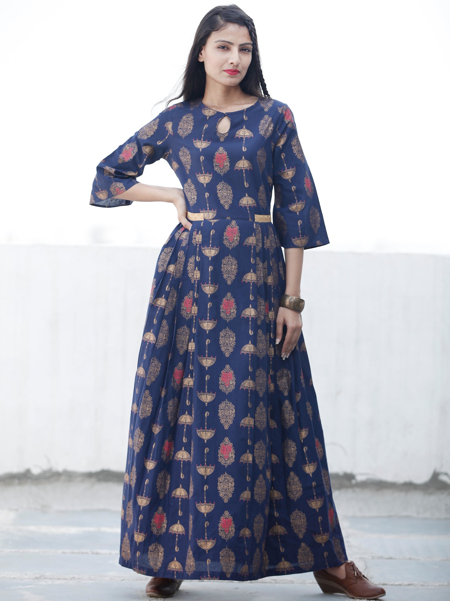Indigo Gold - Hand Block Printed Cotton Long Dress - D337FYYY – InduBindu