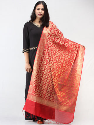 Banarasi Chanderi Jacquard Dupatta With Zari Work -  Red & Gold  - D04170929