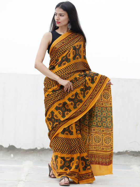 Gold Yellow Green Maroon Black Ajrakh Hand Block Printed Modal Silk Saree in Natural Colors - S031703708