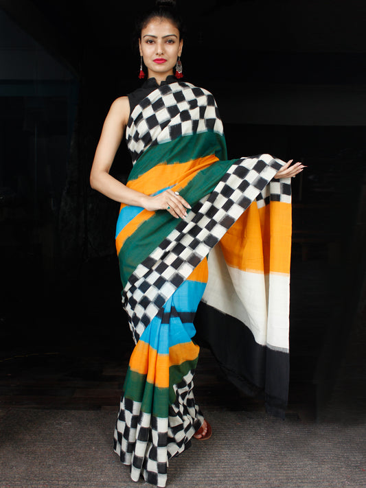 Black White Green Blue Yellow Ikat Handwoven Mercerised Cotton Saree - S031703624