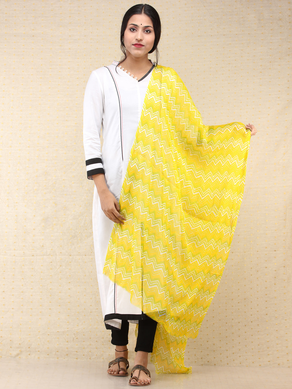 Yellow Green Georgette Hand Block Printed Dupatta  - D04170702