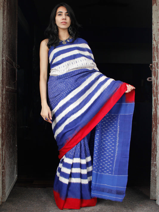 Blue White Red Double Ikat Handwoven Cotton Saree - S031703525