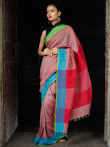 Pink Blue Green Linen Handloom Saree With Ganga Jamuna Border & Tassels - S031704013