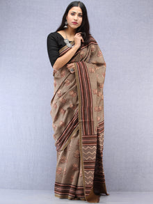 Brown Maroon Hand Block Printed Chanderi Saree With Geecha Border - S031704494
