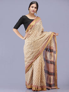Beige Maroon Black Bagh Printed Maheshwari Cotton Saree - S031704177
