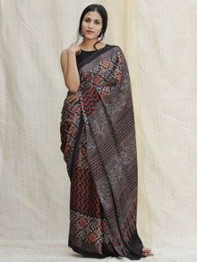 Charcoal Black Maroon Ivory  Ajrakh Hand Block Printed Modal Silk Saree - S031704128