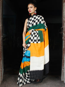 Black White Green Blue Yellow Ikat Handwoven Mercerised Cotton Saree - S031703624