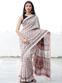 Beige Maroon Black Bagh Hand Block Printed Maheswari Silk Saree With Resham Border - S031703839