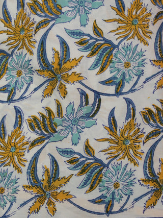 Ivory Teal Green Brown Hand Block Printed Cotton Suit-Salwar Fabric With Chiffon Dupatta (Set of 3) - S16281292