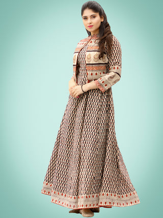Naaz Roheen - Hand Block Printed Long Cotton Embroidered Jacket Dress - DS98F002