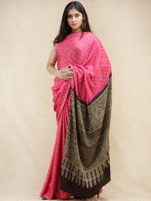 Pink Mustard Black Bandhej Modal Silk Saree With Ajrakh Printed Pallu & Blouse - s031704145