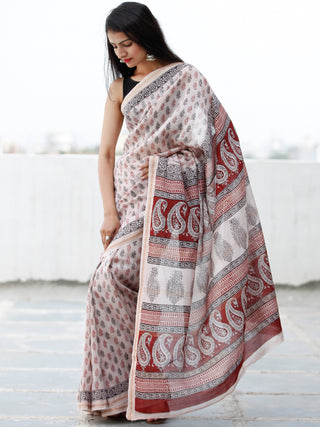 Beige Maroon Black Bagh Hand Block Printed Maheswari Silk Saree With Resham Border - S031703839