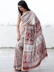 Beige Maroon Black Bagh Hand Block Printed Maheswari Silk Saree With Resham Border - S031703839