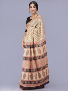 Beige Maroon Black Bagh Printed Maheshwari Cotton Saree - S031704177
