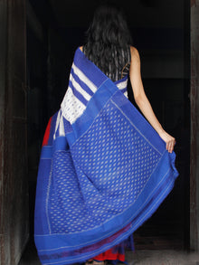 Blue White Red Double Ikat Handwoven Cotton Saree - S031703525