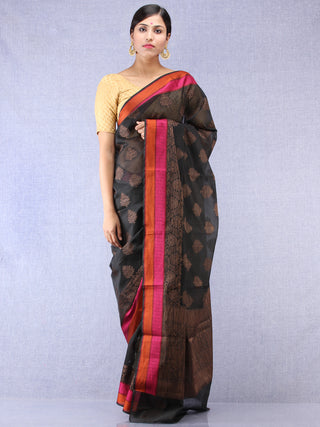 Banarasee Chanderi Silk Saree With Resham Border - Black Pink Copper  - S031704322