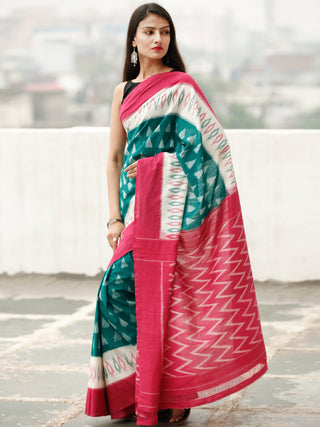 Red White Green Ikat Handwoven Cotton Saree - S031704040