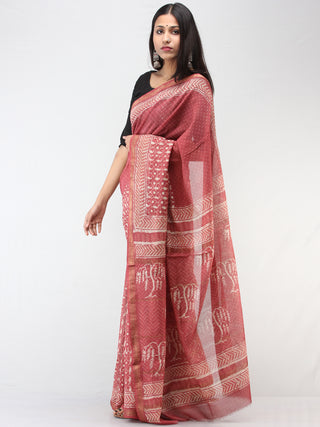 Rosewood Pink Ivory Maheshwari Silk Hand Block Printed Saree With Zari Border - S031704470