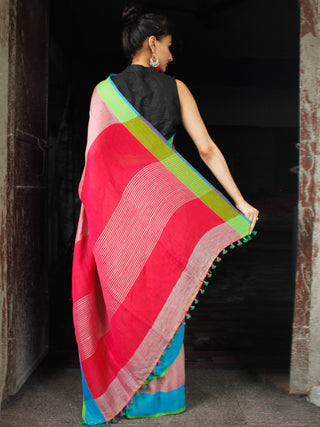 Pink Blue Green Linen Handloom Saree With Ganga Jamuna Border & Tassels - S031704013