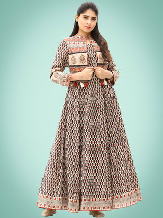 Naaz Roheen - Hand Block Printed Long Cotton Embroidered Jacket Dress - DS98F002