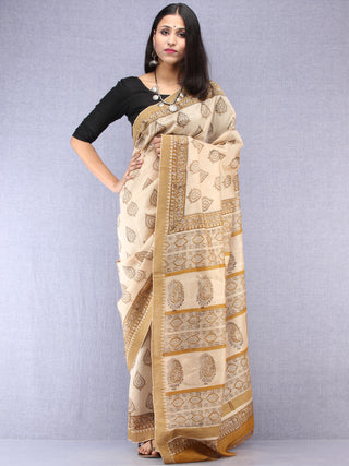 Ivory Mustard Hand Block Printed Chanderi Saree With Geecha Border - S031704522