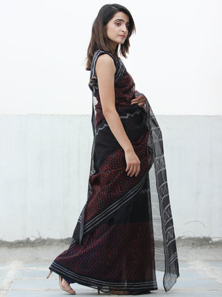 Black & Red Hand Block Printed Kota Doria Saree  - S031704082