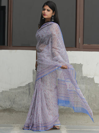 White Sky Blue Pink Hand Block Printed Kota Doria Saree  - S031704109