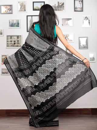 Black White Grey Hand Block Printed Cotton Mul Saree   - S031703029