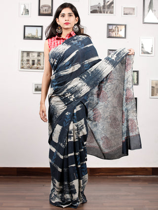 Deep Indigo Ivory Hand Block Printed & Hand Brush Painted Cotton Mul Saree - S031703174